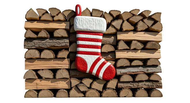 Handcrafted christmas stocking on stacked firewood for holiday