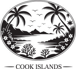 Cook islands landscape tropical beach coral reef palm trees silhouette vector illustration