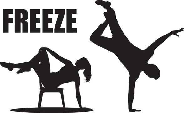 Freeze b-boy and b-girl breakdance silhouettes depicting dynamic hip hop style acrobatic poses
