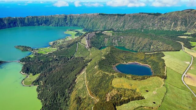 Aerial view lakes Lagoa das Sete Cidades in the volcano crater on Sao Miguel Island in Atlantic ocean, Azores, Portugal