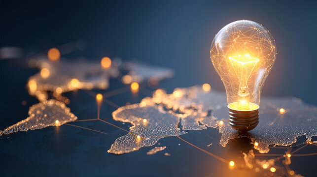 Glowing light bulb illuminating a digital world map with connections and glowing points