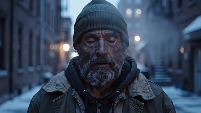 solitary figure braves cold city evening, wintertime city wanderer exhibits resilience amidst snow and solitude, lone man with layered clothing pursues solitude in snowy city streets