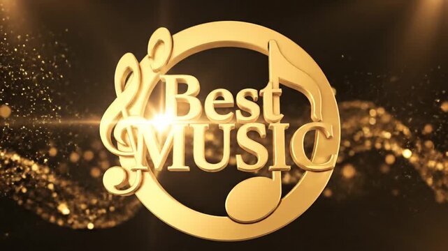 Golden musical symbol with text best music on dark background with bokeh lights suitable for presentations