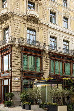 
Budapest, Hungary, October 6, 2025 - Vertical view of the historic Matild Palace hotel housing the Spago restaurant by Wolfgang Puck, at 36 V&aacute;ci street