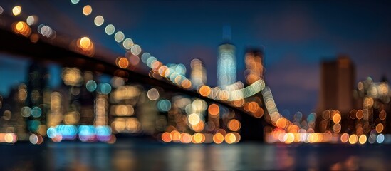 Blurred lights of New York City skyline at night.
