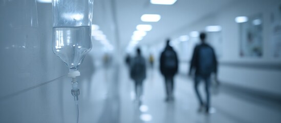 Blurred figures walk down a hospital hallway with IV drip.