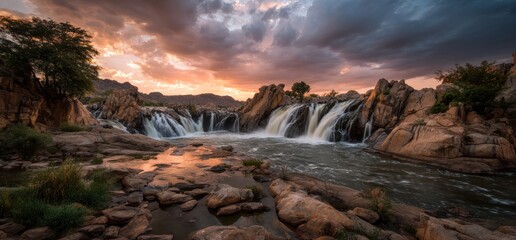 Dramatic Waterfall Landscape at Sunset with Rocky Terrain and Cloudy Sky.