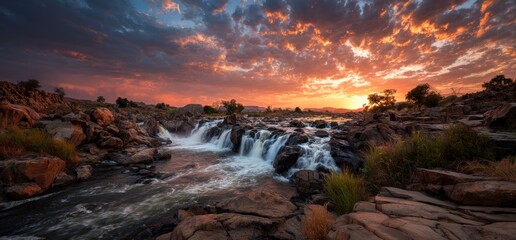 Dramatic Sunset Over Cascading Waterfall and Rocky Landscape.