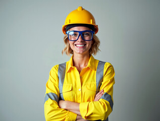 Smiling portrait of a professional female construction worker wearing a safety helmet
