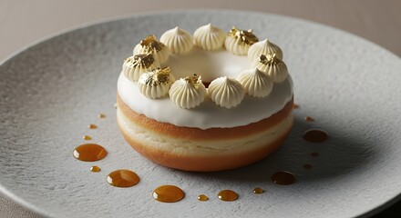 Indulge your senses with this delectable donut topped with creamy frosting and edible gold flakes, perfect for cafes, bakeries, and dessert menus