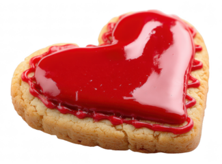 Heart-shaped Christmas cookie with red glaze, isolated on transparent background, holiday pastry, clean bright lighting