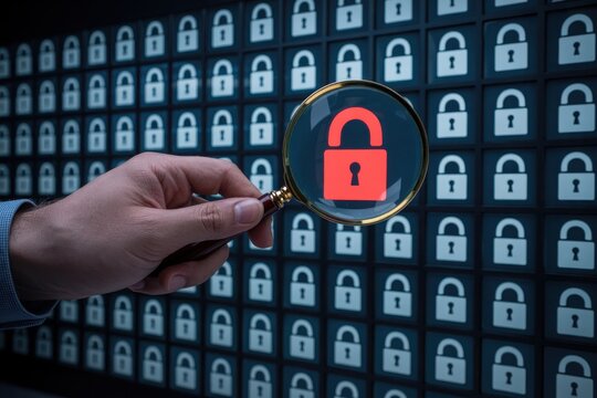 Hand holding magnifying glass focuses on red unlocked padlock icon amidst many locked padlocks