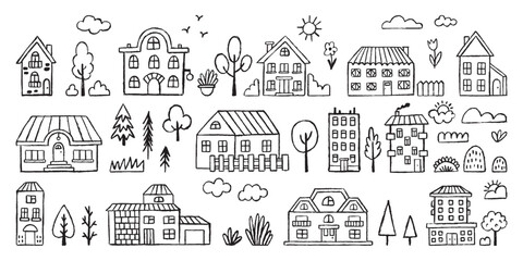 Pencil drawing houses. Grunge countryside buildings, children drawn style homes and nature elements. Clouds, fir tree, tree, sun, architecture neoteric vector set