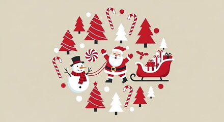 Winter Holiday Round Design Santa Snowman Sleigh Trees Candy Canes Snowflakes Festive Season Greeting Card Beige Background Illustration