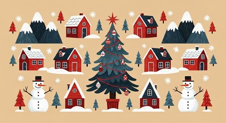 Winter Village Landscape Illustration Festive Snow Mountains Houses Trees Snowmen Greeting Card Design Beige Background Seasonal Holiday Celebration Poster