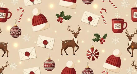 Seamless pattern with holiday elements including reindeer, hot beverages, letters, candy canes, and winter hats on a light background