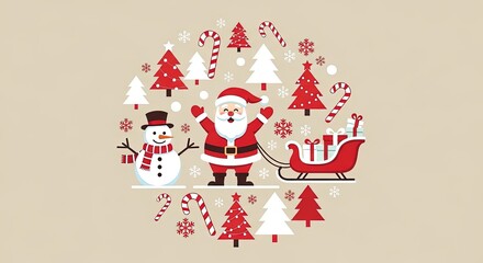 Winter holiday seasonal design with Santa Claus, snowman, Christmas trees, candy canes, and gifts on a solid color background. Celebratory illustration