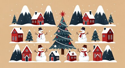Winter Village Snow Landscape Illustration Festive Mountains Houses Trees Snowmen Greeting Card Design Beige Background Seasonal Holiday Celebration Poster