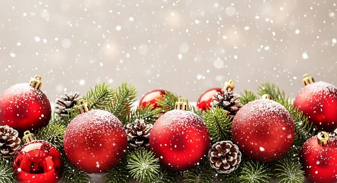 Red christmas ornaments with pine cones and fir branches under snowfall