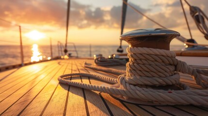A close-up view of a sailing boat deck at sunset. The wooden surface is illuminated by warm sunlight, with a coiled rope and a winch in focus.