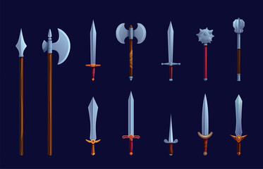 Medieval cartoon weapon. Ancient sword, knife, axe. Viking or knight weapons for war and battles. Historical warriors tools, game design sapid vector elements