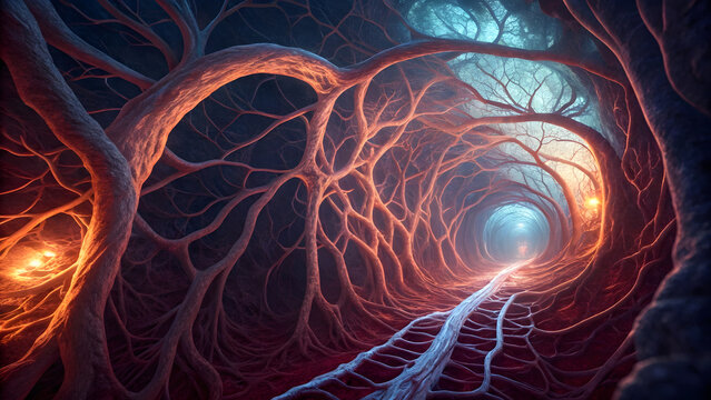 A surreal, hyper-detailed visualization of the human circulatory system an endless, branching network of glowing veins and arteries unfurls like living architecture within a cavernous