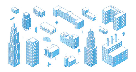 Isometric line city buildings. Urban infrastructure, apartment building, house, hotel, hospital, skyscraper. Elements for app map, town design, nifty vector set