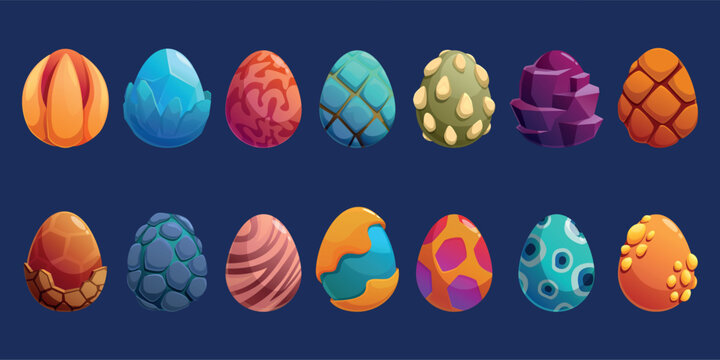 Fantasy dragon eggs. Cartoon neon egg from dinosaur, aliens or mystic creatures. Dame design assets. Magical and mythological elements, sapid vector set