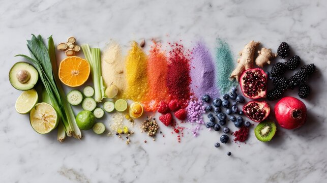Vibrant rainbow arrangement of fresh organic fruits, vegetables, nuts, and superfoods on marble surface showcasing colorful natural ingredients for healthy eating and nutrition - Powered by Adobe
