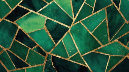 Elegant Green Marble Mosaic with Gold Lines and Textures