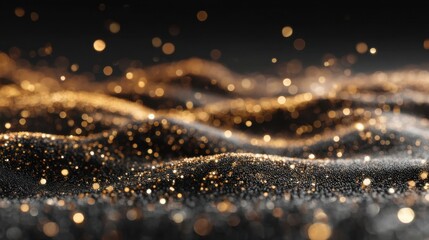 Abstract golden particles on dark shimmering surface background