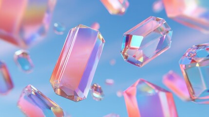 Colorful Transparent Crystals Floating in Vibrant Blue Sky