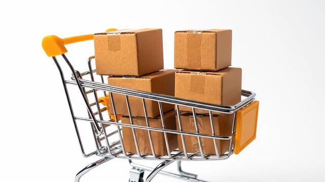 Compact shopping cart filled with miniature cardboard boxes spinning leisurely. Illustrating the concept of online shopping, e commerce, and global delivery services