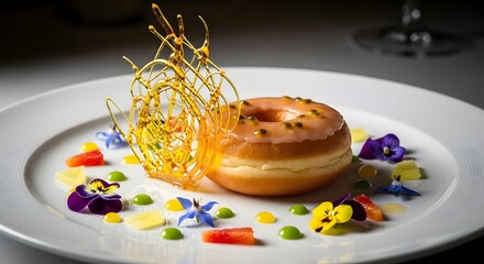 Indulge in a delectable donut adorned with artistic caramel and colorful edible flowers, a modern pastry masterpiece for dessert lovers and fine dining