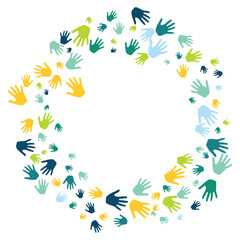 Cheerful children handprints nursery games concept vector illustration. Baby paint hand prints art therapy pattern. Kids group handprint silhouettes.