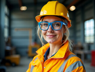 Smiling woman engineer in construction helmet working in an industrial factory setting