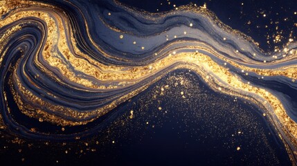 Abstract Blue and Gold Wave Pattern with Glitter Sparkles