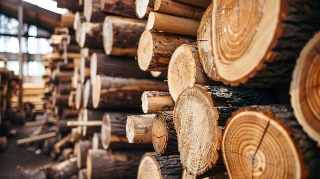 Stacked wooden logs in a lumber yard. The logs are cut and arranged neatly, showcasing their natural rings and textures. The setting is industrial and rustic.