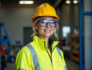 Portrait of a smiling woman engineer in a factory setting wearing a safety helmet and hard hat