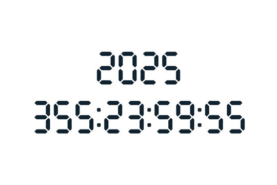 A digital display shows the year 2025 with a countdown timer of 355 days, 23 hours, 59 minutes, and 55 seconds.