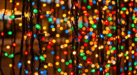A close up view of colorful christmas lights hanging in dark background