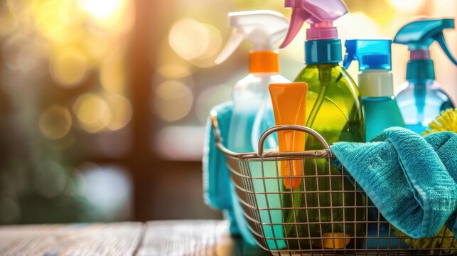 A collection of colorful cleaning spray bottles in a metal basket with a blue towel. The scene is illuminated by warm sunlight, creating a cozy atmosphere.