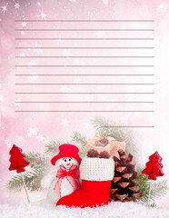 Christmas Santa letter template with funny snowman in hat, red boot and lollipop, printable To Do List, Wish list or planner. Paper for invitation or greeting card. Lined background.