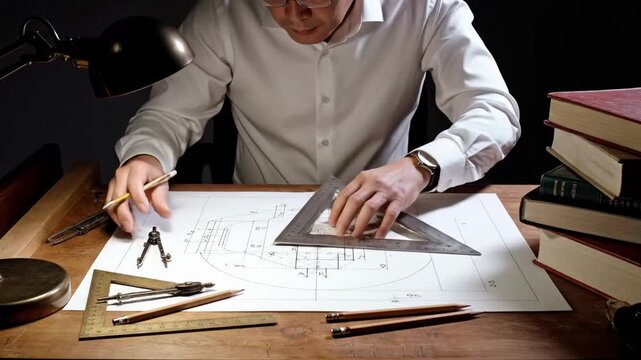 elderly draftsman creating technical blueprint with tools, seasoned technician carefully drawing detailed architectural diagrams under warm desk lighting in quiet studio environment
