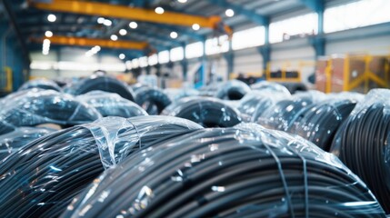 Obraz premium Coils of black steel wire stacked in a large industrial warehouse with metal beams and bright lighting.