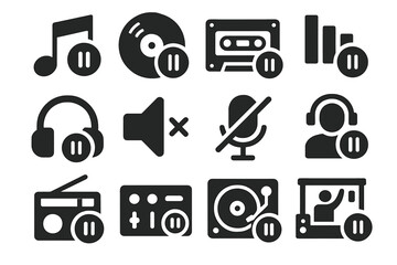 Audio Icons Paused. Solid style icons of audio pause: music note stop, vinyl paused, cassette stopped, equalizer frozen,