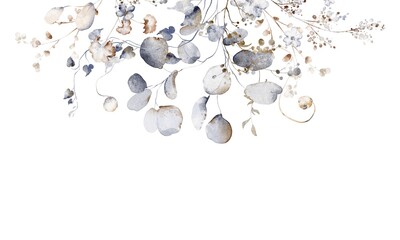 Watercolor floral composition with eucalyptus and meadow flowers. Botanical artwork for invitation, greeting card and stationery. Clipart for printable design.