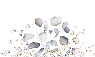Watercolor floral composition with eucalyptus and meadow flowers. Botanical artwork for invitation, greeting card and stationery. Clipart for printable design.