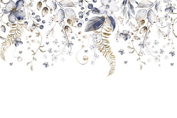 Seamless botanical border of dry plants. Watercolor herbs, grass, branches and wildflowers. Horizontal foliage design for cards, frames, templates and prints.