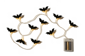 Halloween bat string lights illuminating spooky festive decoration with warm glow and battery pack, transparent background